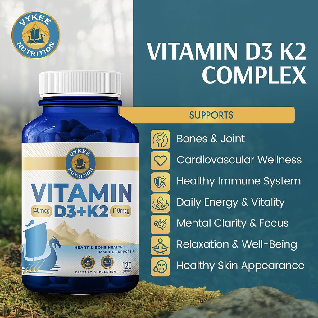 Complejo de Vitamina D3 y K2 de Vykee Nutrition - Alta Potencia: 140 mcg de D3 y 110 mcg de K2 (MK-7) - Suplemento Vegano para el Apoyo Óseo y Cardíaco, Sin OGM, Sin Gluten - 120 Cápsulas