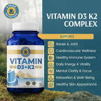 Complejo de Vitamina D3 y K2 de Vykee Nutrition - Alta Potencia: 140 mcg de D3 y 110 mcg de K2 (MK-7) - Suplemento Vegano para el Apoyo Óseo y Cardíaco, Sin OGM, Sin Gluten - 120 Cápsulas