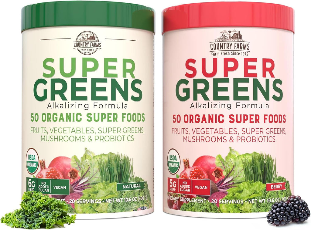 Country Farms Super Greens Power Pack, 50 Superalimentos Orgánicos, Polvo de Verduras con Probióticos para la Salud Digestiva y Alivio de la Hinchazón, Sin Sabor y Frutos del Bosque, 40 Porciones