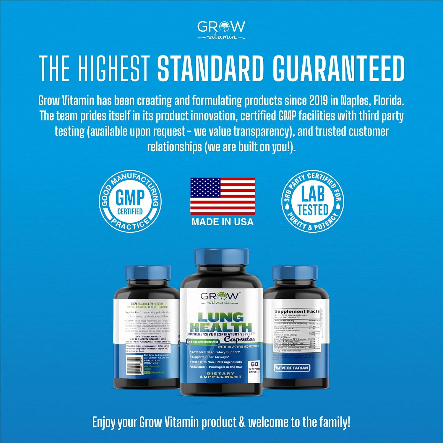 Grow Vitamin Lung Health - Suplemento Respiratorio con Vitamina C, 60 Cápsulas