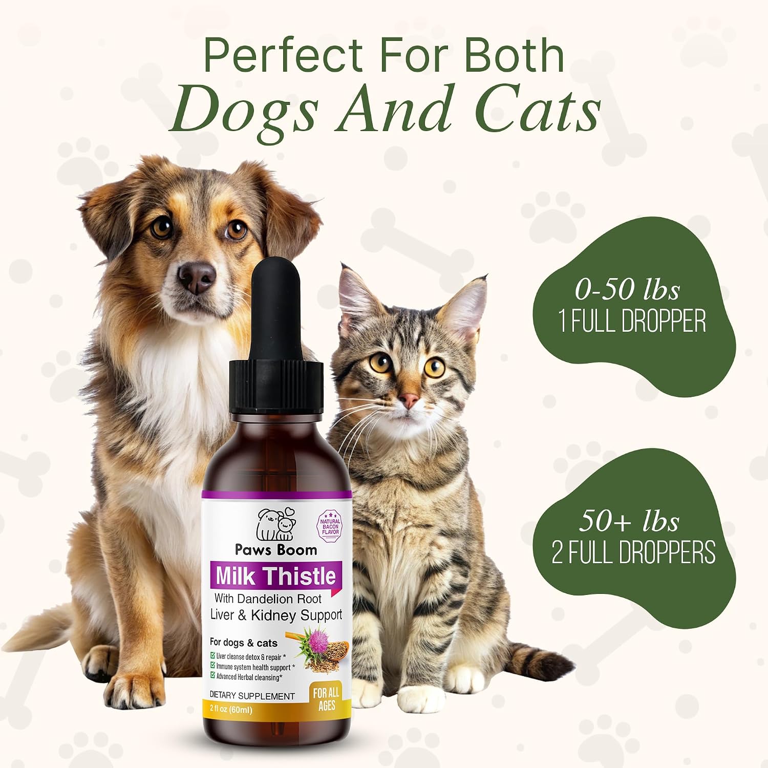 Milk Thistle para Perros y Gatos - Limpieza Hepática y Soporte Renal con Diente de León | Sabor Bacon | 60 ml