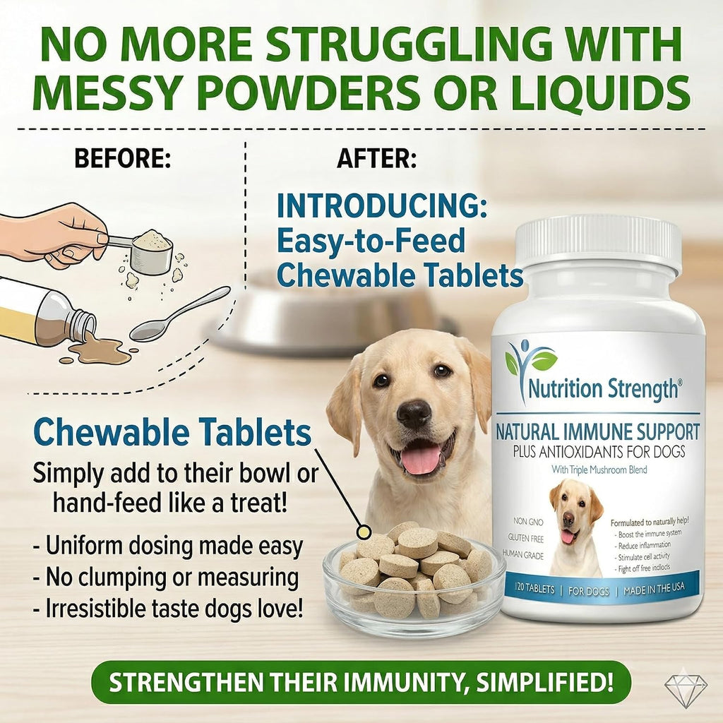 Nutrition Strength Immune Support for Dogs - Turkey Tail, Reishi, Shiitake, Maitake Mushroom Complex - Senior Dog Health - 120 Chewable Tablets
