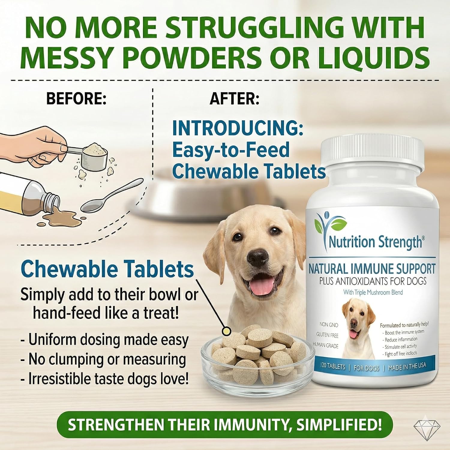 Nutrition Strength Immune Support for Dogs - Turkey Tail, Reishi, Shiitake, Maitake Mushroom Complex - Senior Dog Health - 120 Chewable Tablets