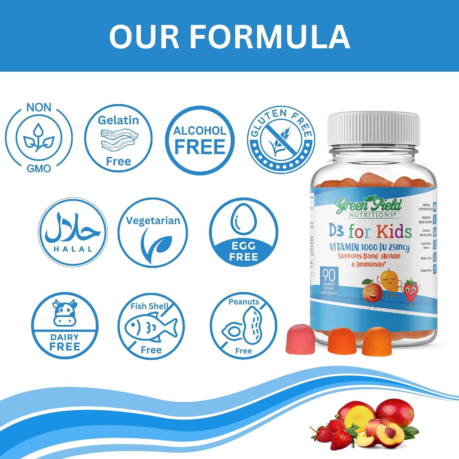 Greenfield Nutritions Vitamina D3 para Niños – 1000 UI – 90 Gominolas | Suplemento de Vitamina D masticable para niños, Apoya Huesos y Sistema Inmunológico | No-GMO, Sin Gelatina, Sin Gluten
