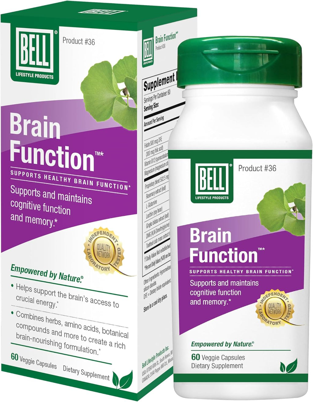 Bell Brain Function Lifestyle - Apoyo Cognitivo con Ginkgo, Vitamina B12 y Folato - 60 Cápsulas Vegetarianas