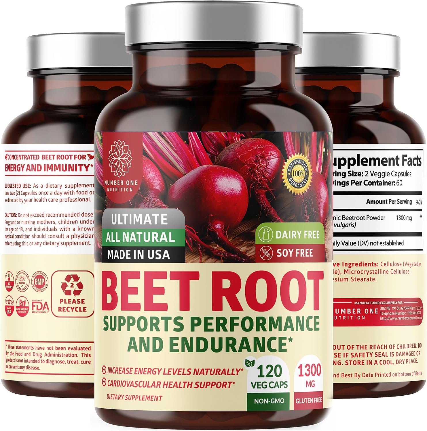 N1N Premium Organic Beet Root Capsules 1300mg 120 cápsulas vegetales
