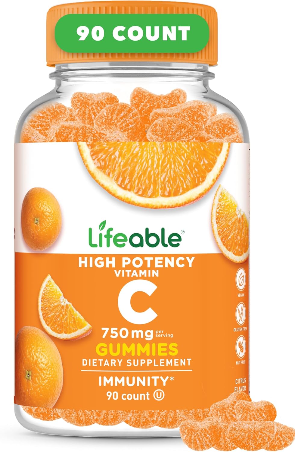 Lifeable Vitamin C Gummies para Adultos | 750 mg | Sabor Naranja | Vegano | 90 Gominolas