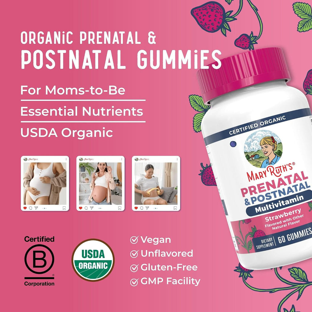 MaryRuth's Organics Vitaminas Prenatales Orgánicas - Gominolas con Metilfolato 800 mcg, Yodo, Vegano - 30 Servicios