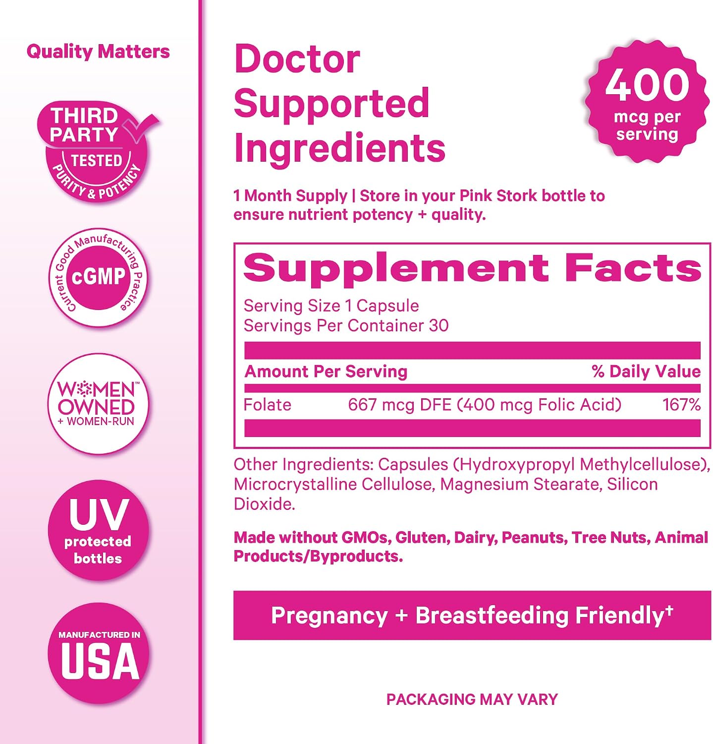 Pink Stork Ácido Fólico 400 mcg – 30 Cápsulas Vegetarianas