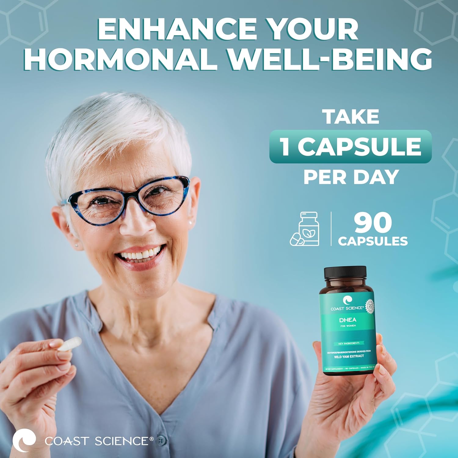 Coast Science DHEA para Mujeres - 25mg de Extracto de Ñame Silvestre, 90 Cápsulas