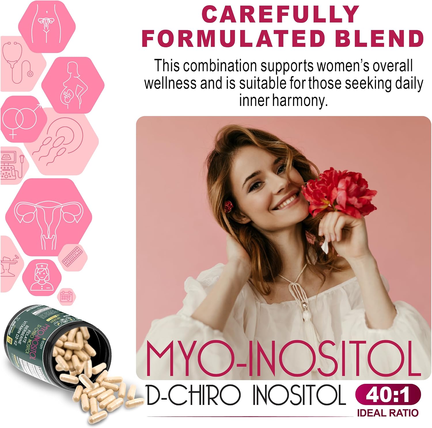Herbpy 6en1 Premium Inositol 40:1 Myo-Inositol y D-Chiro Inositol con Folato, Berberina, Vitamina D3 y K2 - 120 Cápsulas Veganas