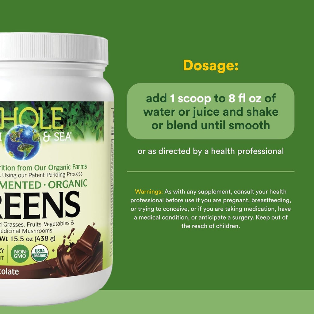 Whole Earth & Sea Organic Fermented Greens - Suplemento Vegano de Verduras Fermentadas, Sabor Chocolate, 439g