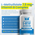 L-Metilfolato 7.5 mg + Complejo B - 5-MTHF, B6 y B12 Metilcobalamina - 60 Cápsulas - Fórmula Profesional