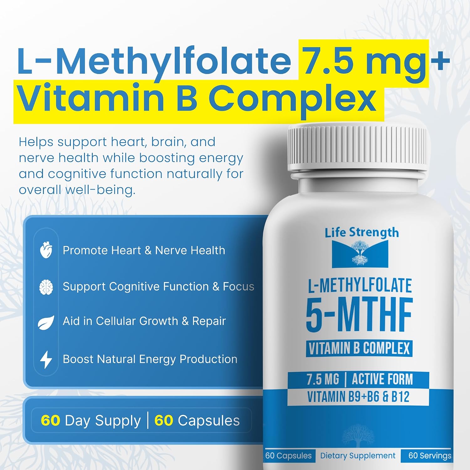L-Metilfolato 7.5 mg + Complejo B - 5-MTHF, B6 y B12 Metilcobalamina - 60 Cápsulas - Fórmula Profesional