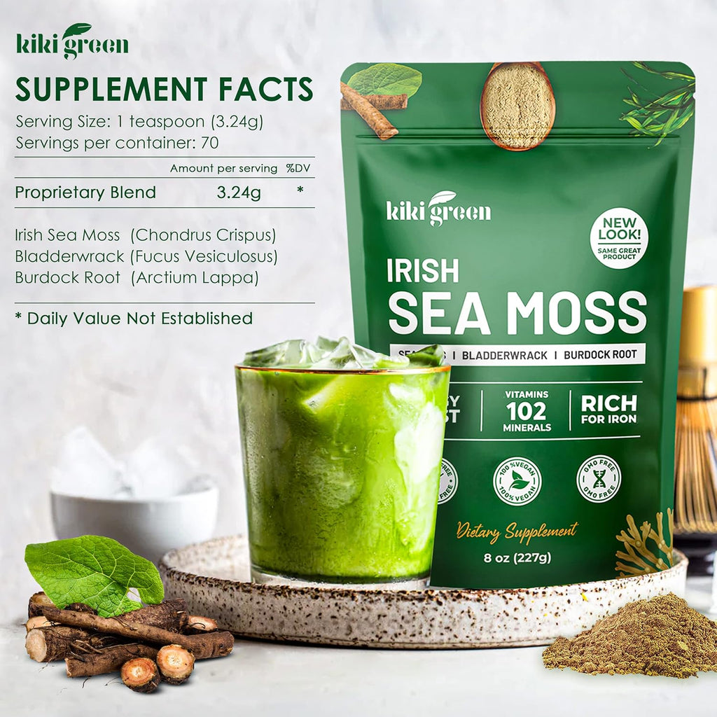 Irish Sea Moss Powder 8 Oz - con Bladderwrack y Burdock Root - Suplemento Vegano y Sin Gluten