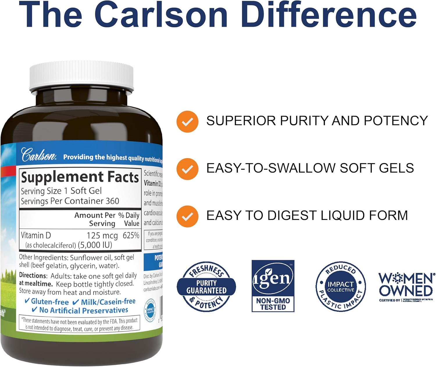 Carlson - Vitamina D3 5000 UI (125 mcg), 360 Cápsulas Blandas para la Salud Ósea y Muscular