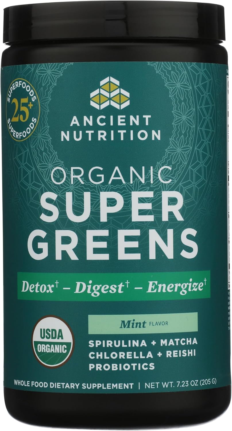 Ancient Nutrition SuperGreens Powder Bio con Probióticos, Sabor Menta Orgánica, 25 Raciones, 205g