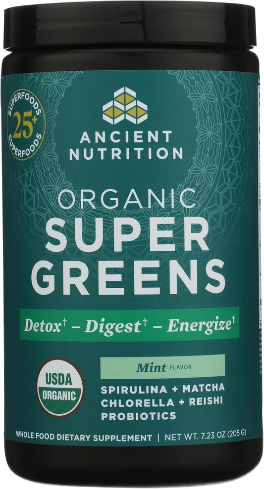 Ancient Nutrition SuperGreens Powder Bio con Probióticos, Sabor Menta Orgánica, 25 Raciones, 205g