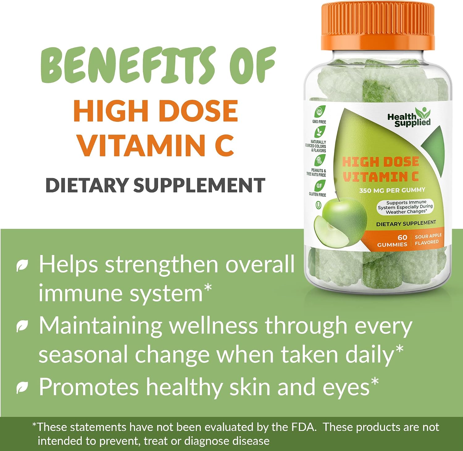 Health Supplied Vitamina C Gummies Mega Dosis 1050 mg Sabor Manzana Ácida (2 Envases)
