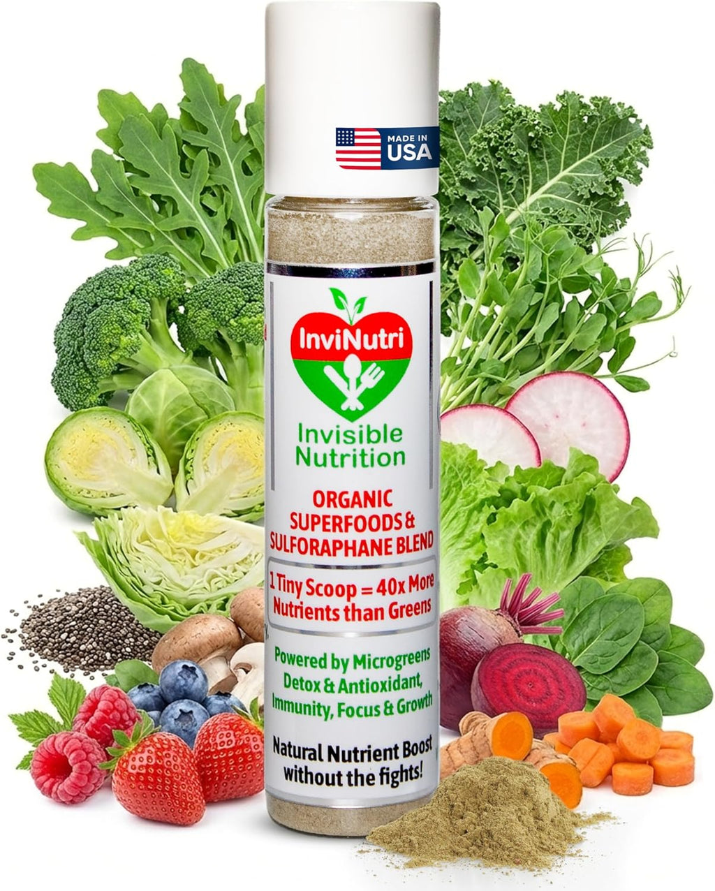 InviNutri Superfood Powder 24 Servings - Polvo Orgánico de Microgreens para Niños Selectivos