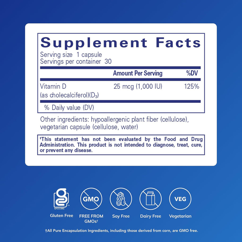 Pure Encapsulations Vitamina D3 25 mcg (1,000 UI) - 30 Cápsulas