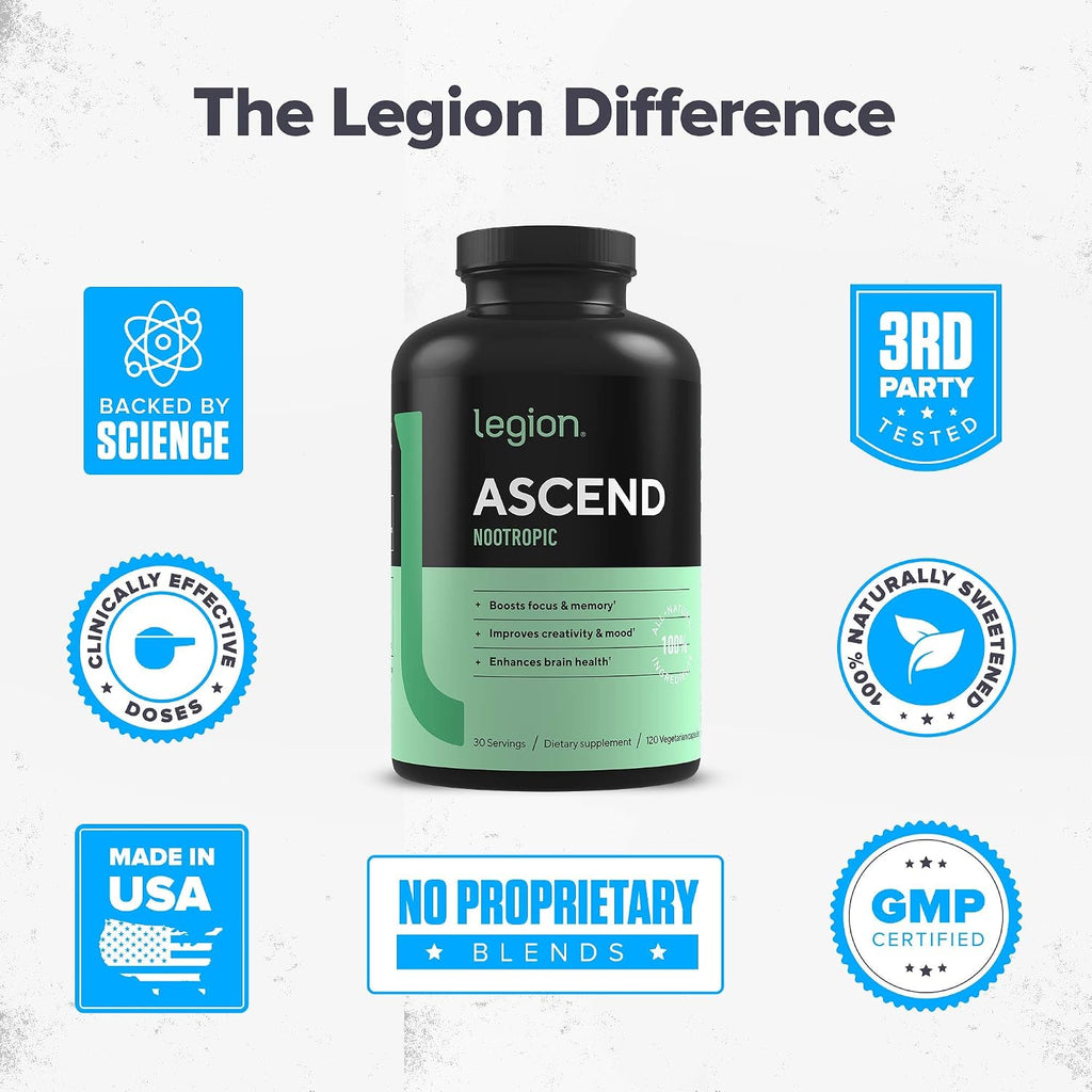 LEGION Athletics Ascend Nootrópico - Suplemento Natural para la Memoria y Concentración, 30 Cápsulas