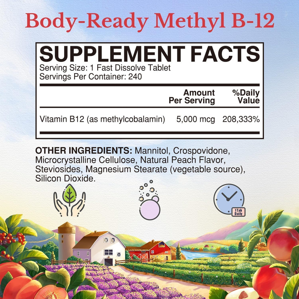 Vitalitown Vitamina B12 (Metil B12) 5000 mcg, Forma Totalmente Bioactiva, Sabor Melocotón Natural, 240 Comprimidos de Disolución Rápida