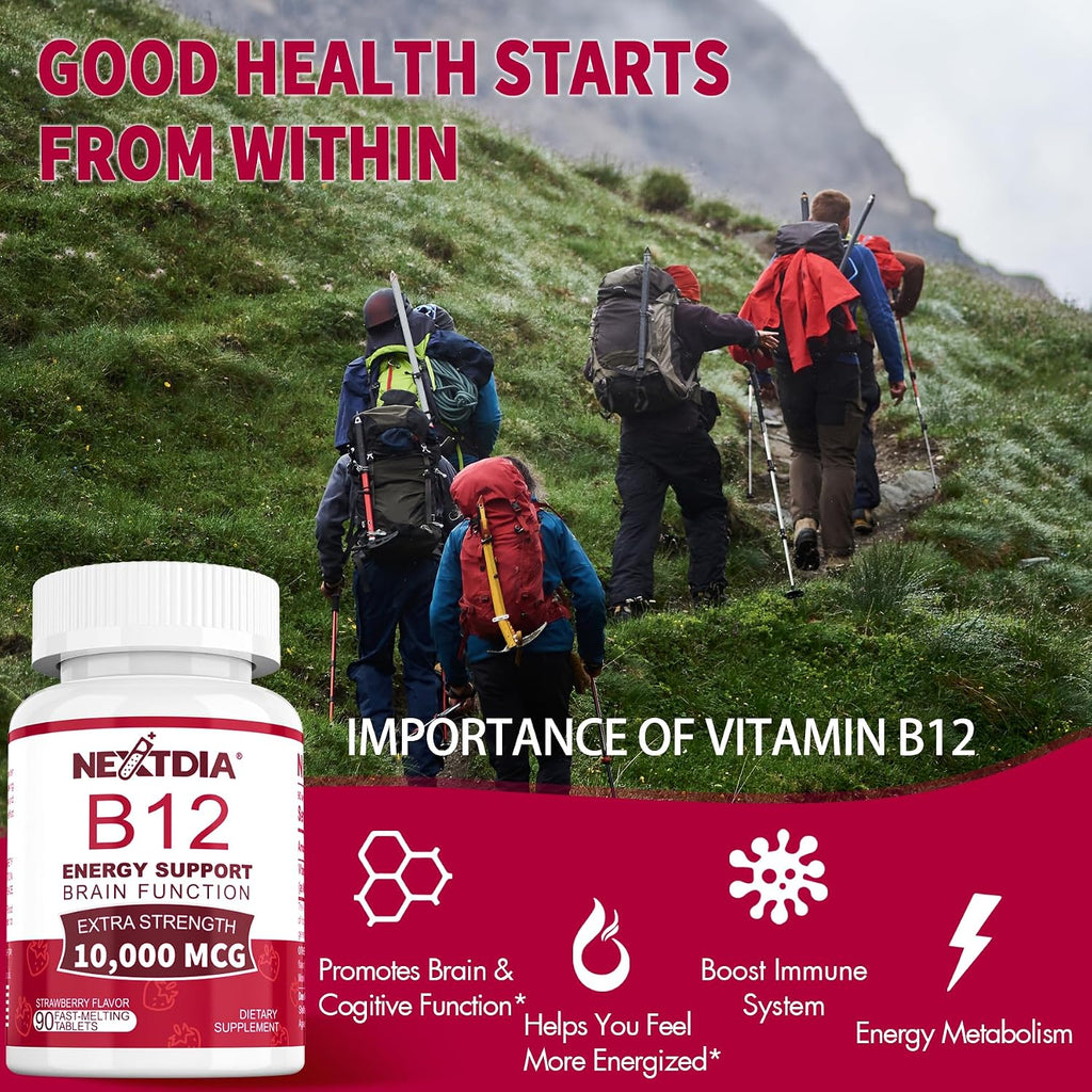 Nextdia Vitamina B12 10.000 mcg Metilcobalamina Sublingual - 180 Comprimidos Sabor Fresa