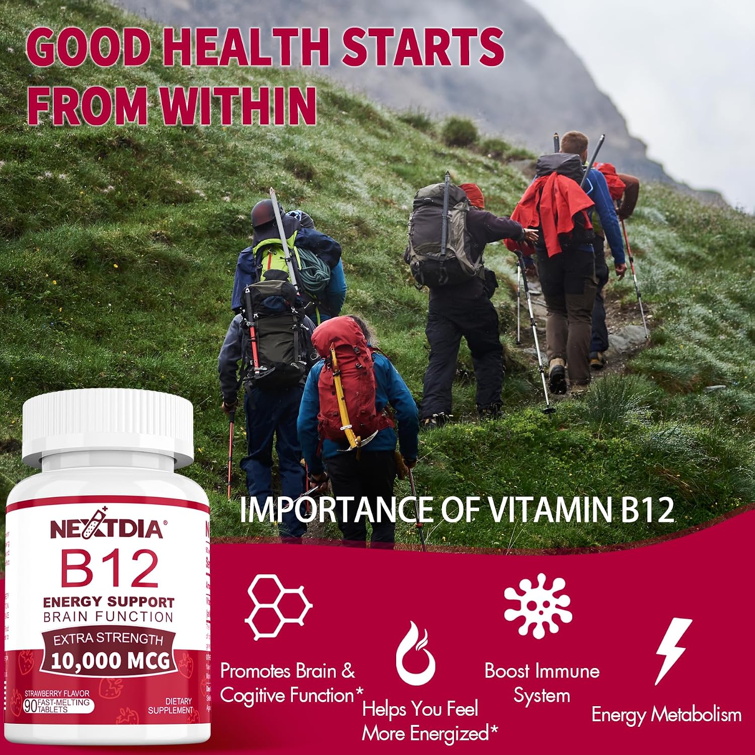 Nextdia Vitamina B12 10.000 mcg Metilcobalamina Sublingual - 180 Comprimidos Sabor Fresa