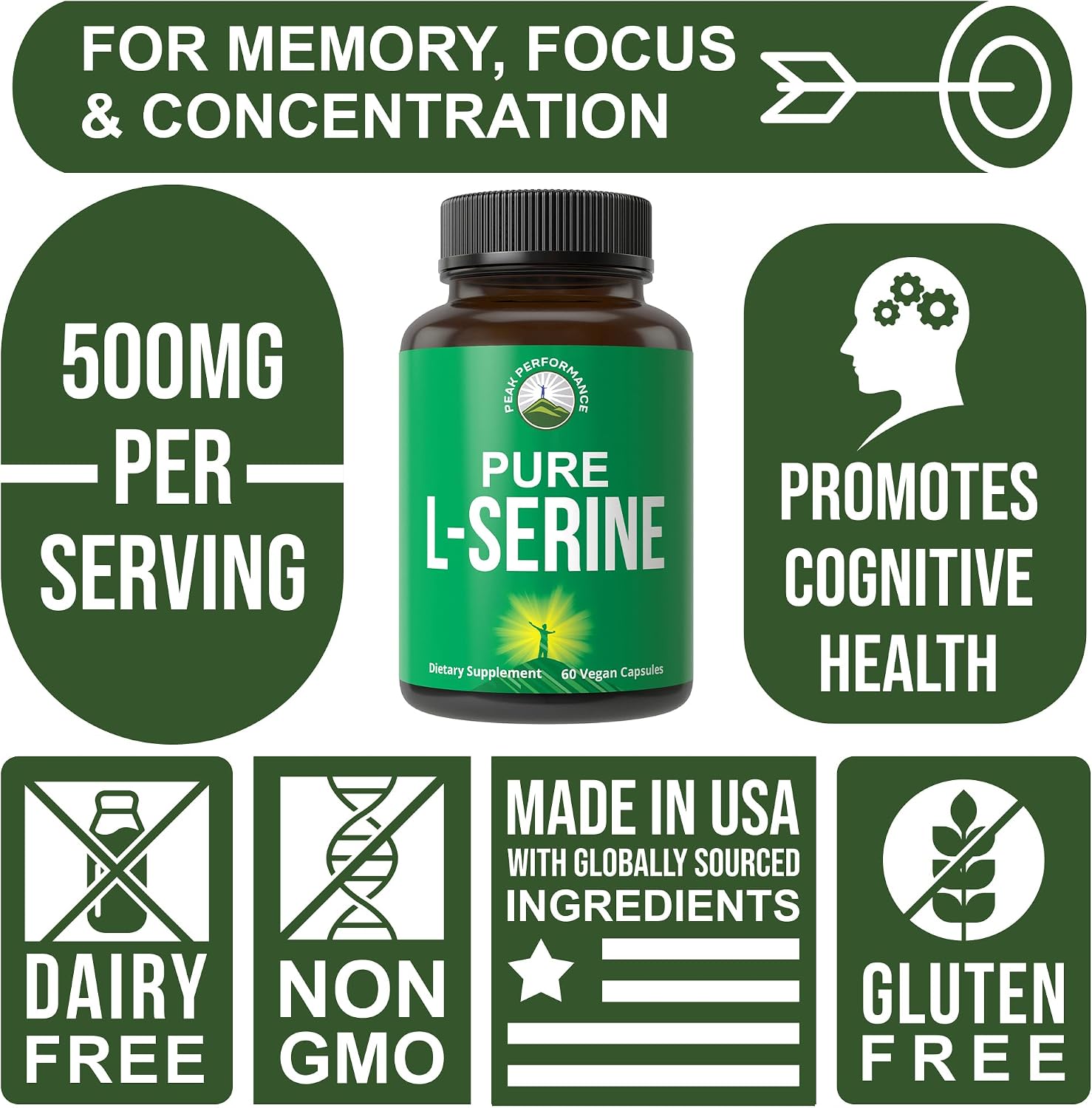 Peak Performance L-Serina 500 mg - 60 Cápsulas - Sin Gluten, No-GMO