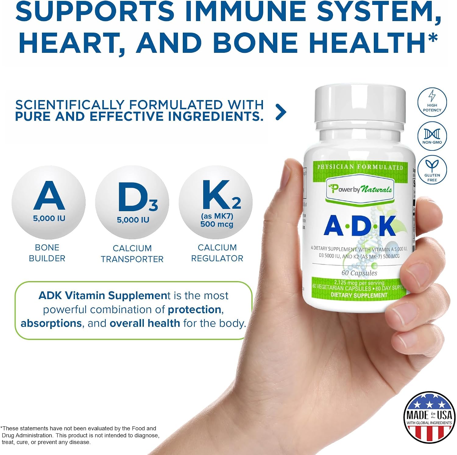 Power By Naturals ADK – Suplemento de Vitaminas A, D3 y K2 MK-7 – 60 Cápsulas