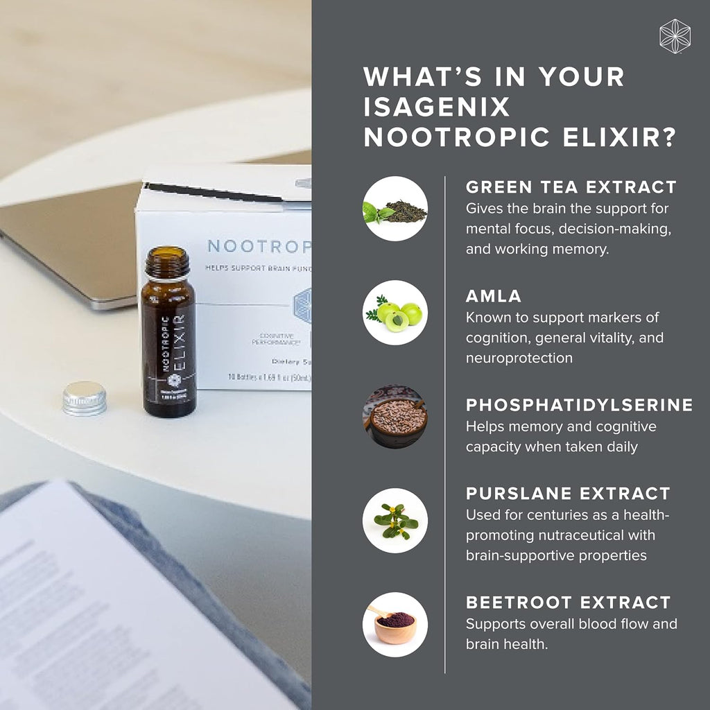 Isagenix Nootropic Elixir - Complemento Líquido para la Concentración y Salud Cerebral - 10 botellas de 50 ml