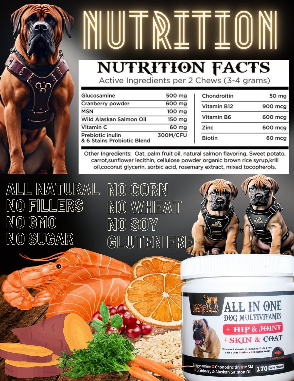 Barbarian Boerboels Multivitamínico Todo en Uno para Perros – Articulaciones, Piel y Pelaje, 170 Comprimidos