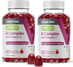 Viteey Gomitas de Complejo B con Vitamina C, Sin Azúcar | Energía, Metabolismo y Salud Nerviosa - B6, B12, Ácido Fólico, Biotina - Vegano, Sin Gelatina, Sin OMG - Sabor Fresa