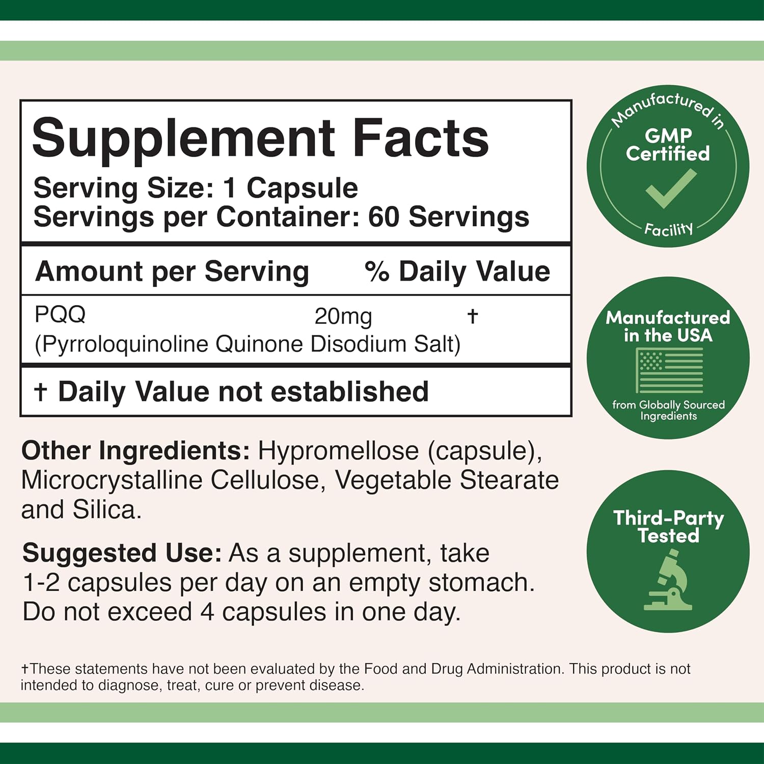 PQQ 20 mg - 60 Cápsulas - Complemento Alimenticio para la Energía y el Sueño