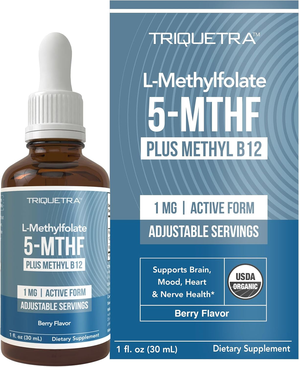Organic Methyl Folate 1000 mcg + Methyl B12 Cofactor – Metilfolato Activo 5-MTHF, Sabor Baya Orgánica, Líquido Sublingual (1 oz)
