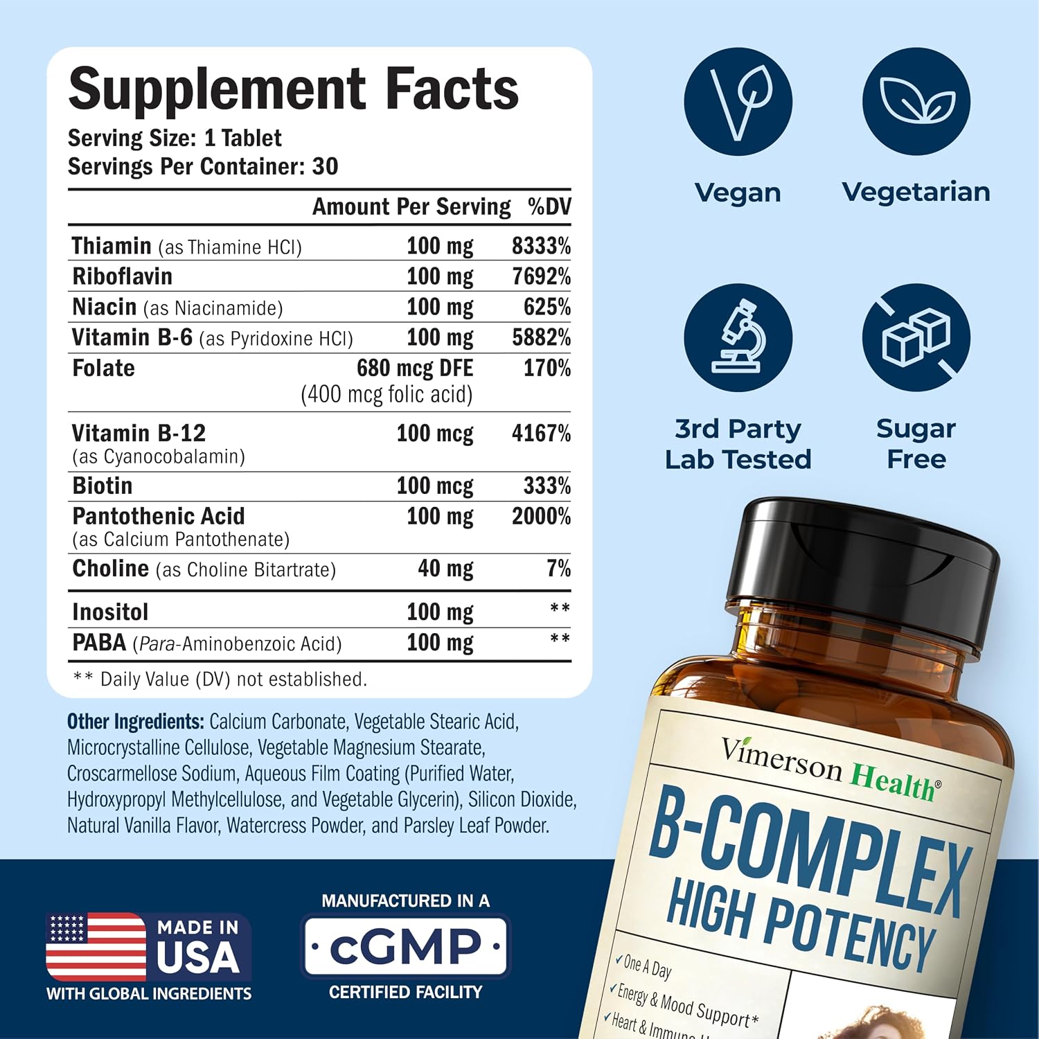 Complejo B con Vitamina B12, Niacina, B2, B6, Ácido Fólico 400 mcg - Suplemento de Vitaminas B para Mujeres y Hombres