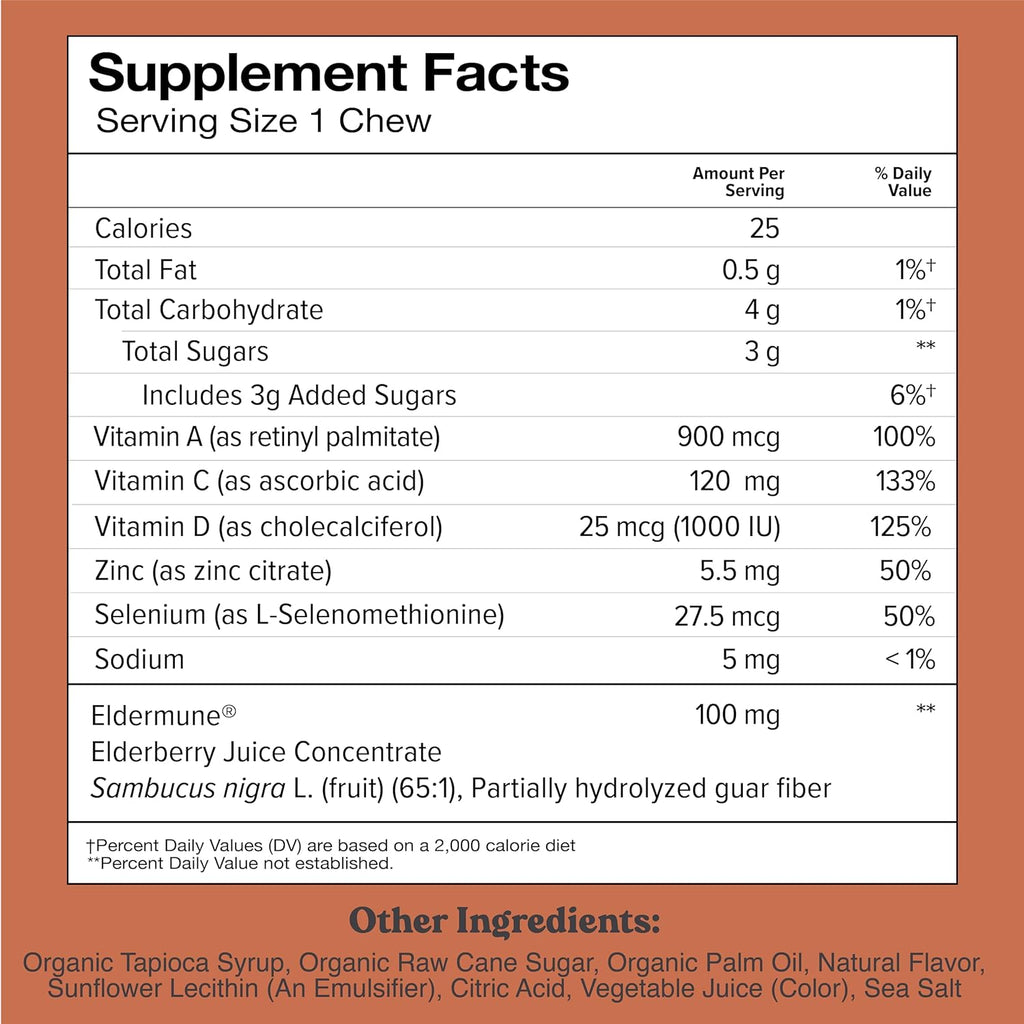 Chewsy - 6 en 1 Apoyo Inmunológico con Saúco, Vitaminas C, A y D, Zinc y Selenio - Caramelos de Fruta Individualmente Envueltos - 6 Días