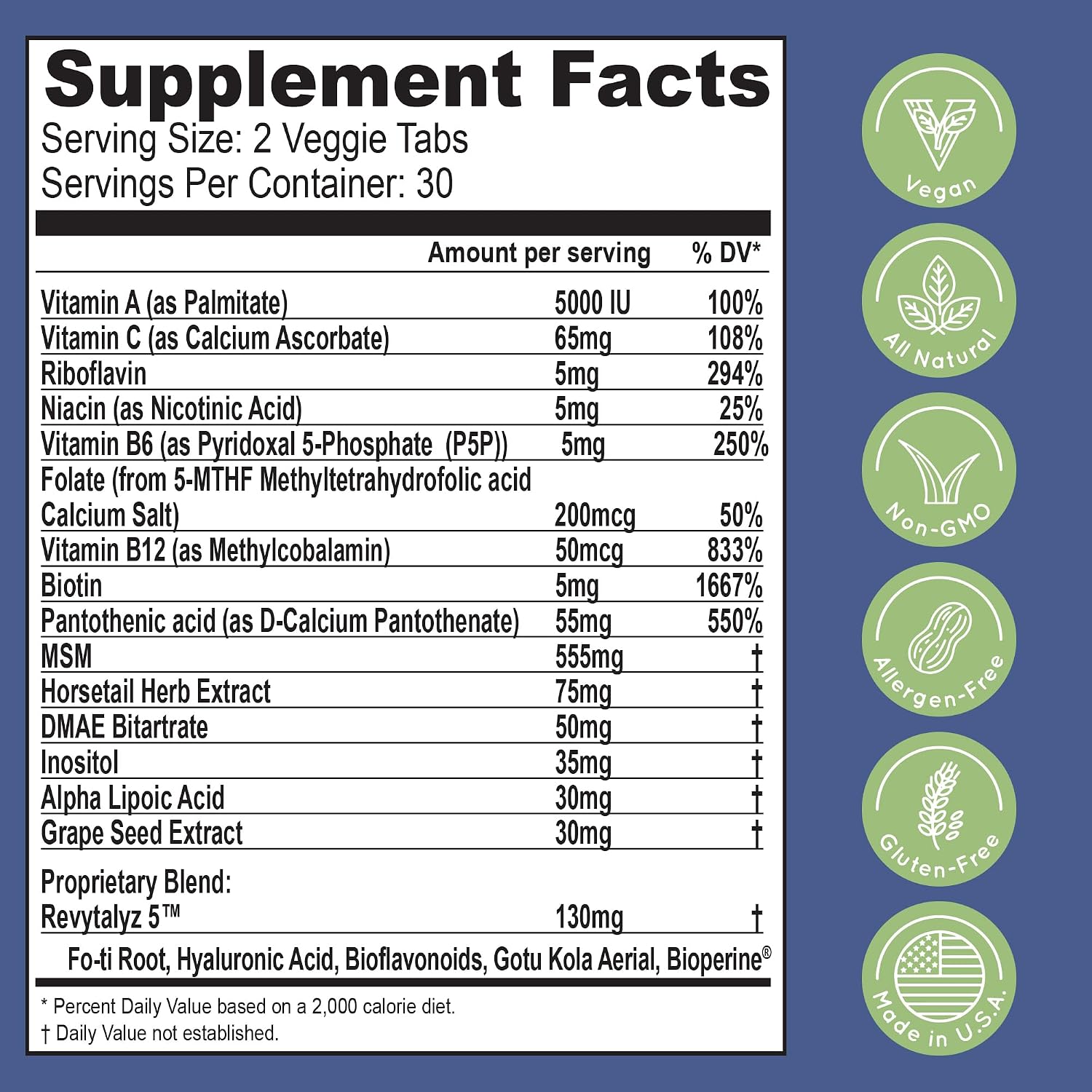 Essential Source Bonita V - Vitaminas para Cabello, Piel y Uñas - 5000 mcg Biotina - 60 Comprimidos Veganos