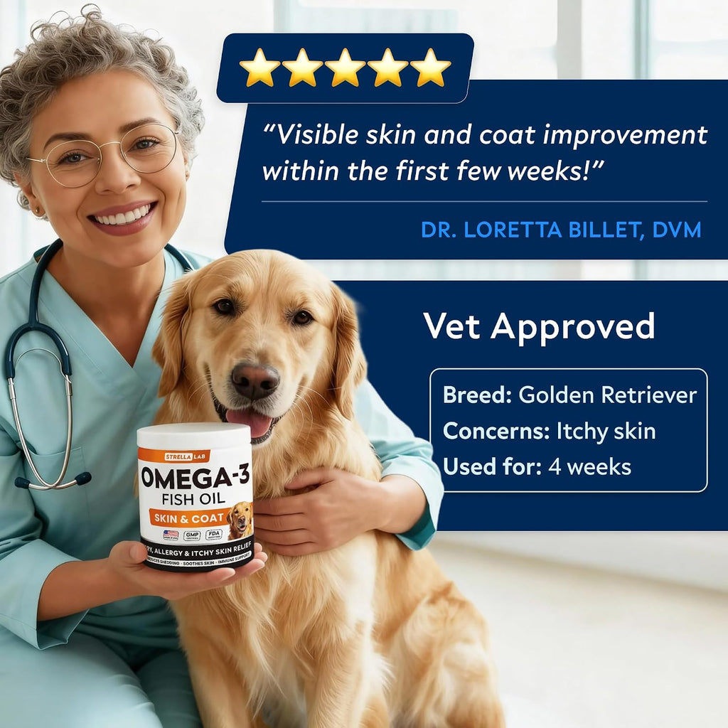 STRELLALAB Omega 3 for Dogs - 180 Golosinas de Aceite de Salmón - Alivio de Alergias y Picazón - Suplemento para Piel y Pelaje Seco - Tratamiento Anti-Caída y Puntos Calientes - Sabor a Pollo