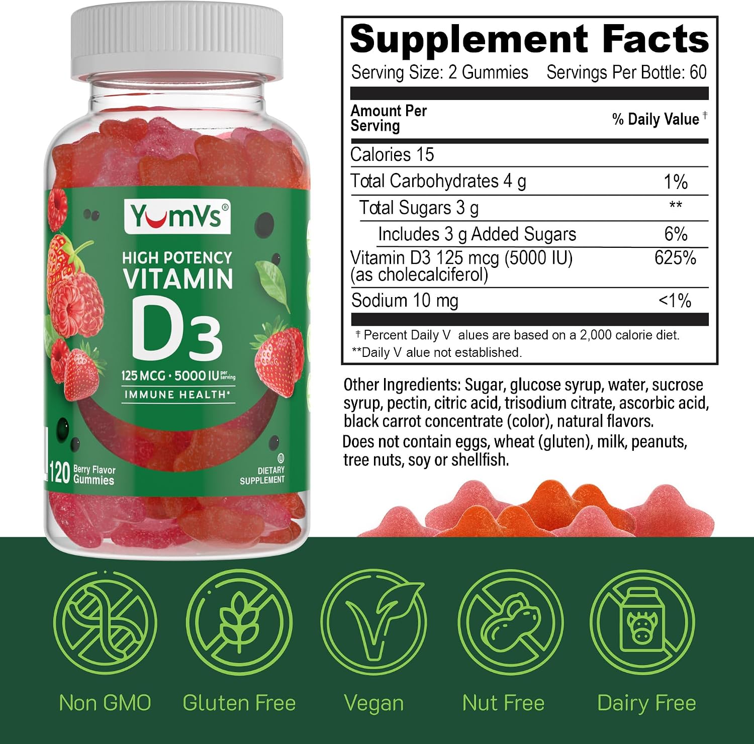 YUM-V'S Gomitas de Vitamina D3 5000 IU (125 mcg) - 120 Gomitas