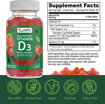 YUM-V'S Gomitas de Vitamina D3 5000 IU (125 – Forma D3: Colecalciferol, la forma más activa y biodisponible. – Image 5