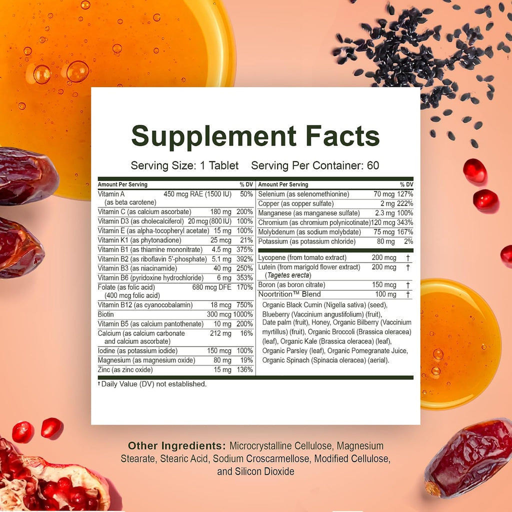 Noor Vitamins Energy+ Multivitamínico Halal – 26 Vitaminas y Minerales con Black Seed, Dátiles y Miel, Sin Gelatina, 2 Meses de Suministro