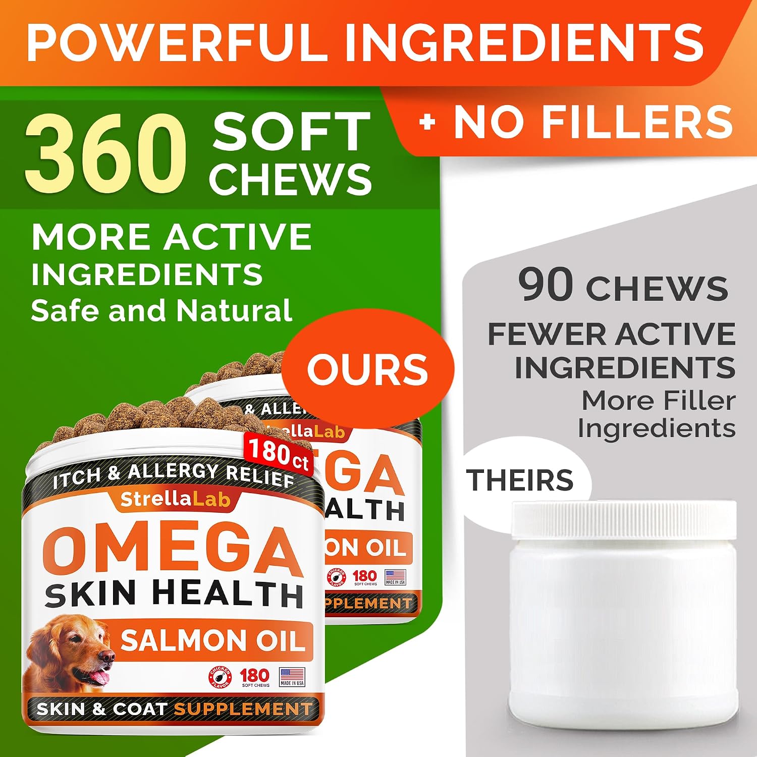 STRELLALAB Omega 3 para Perros - 360 Chews de Aceite de Salmón - Suplemento para Piel, Pelaje y Articulaciones