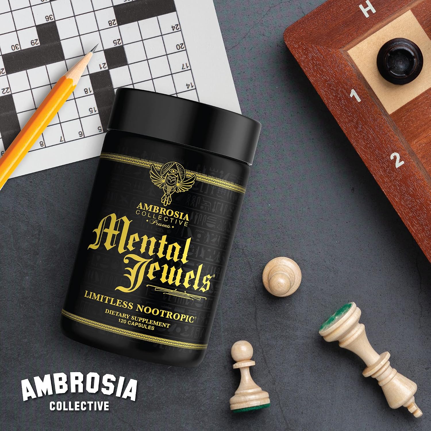 Ambrosia Mental Jewels - Suplemento Nootrópico para Memoria, Enfoque y Concentración con Alpha GPC, Bacopa y Fosfatidilserina - 120 Cápsulas Veganas