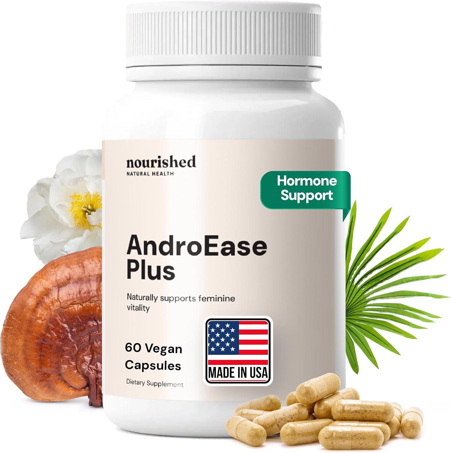 Nourished AndroEase Plus - Equilibrio Hormonal Vegano para Mujeres - Zinc, Reishi, Té Verde y Saw Palmetto - para Energía, Vitalidad y Bienestar Diario - 60 Cápsulas, Hecho en EE.UU.
