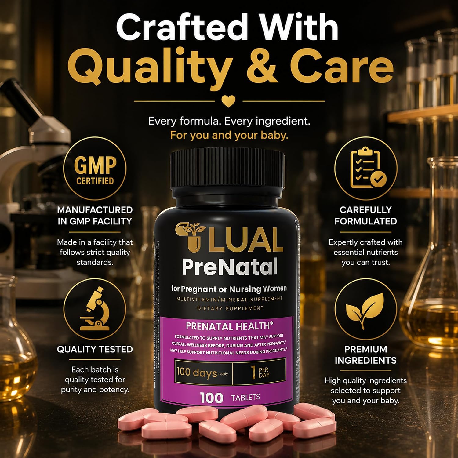 LUAL Multivitamínico Prenatal con Ácido Fólico y Hierro | 100 Comprimidos
