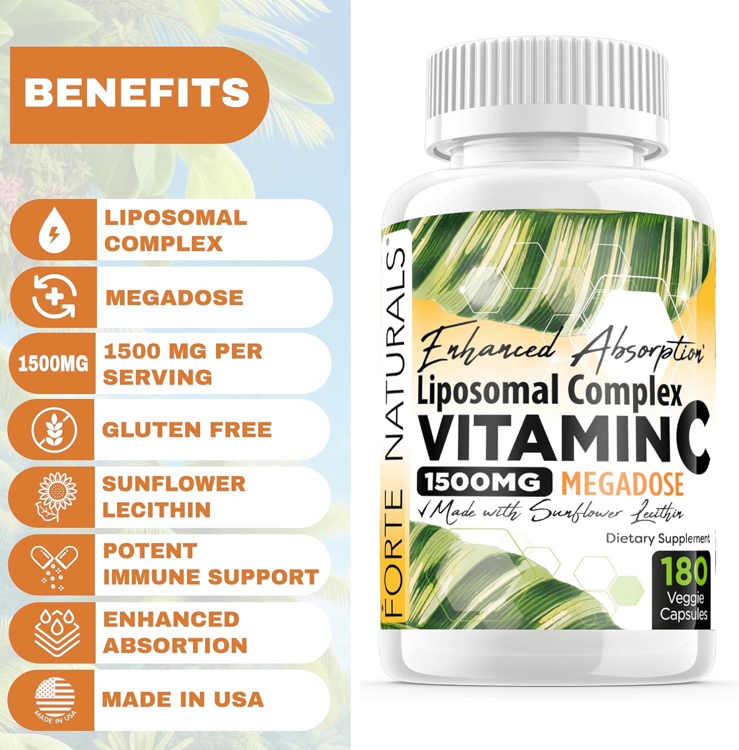 Forte Naturals Vitamina C Liposomal 1500mg con Lecitina de Girasol - 180 Cápsulas Veganas