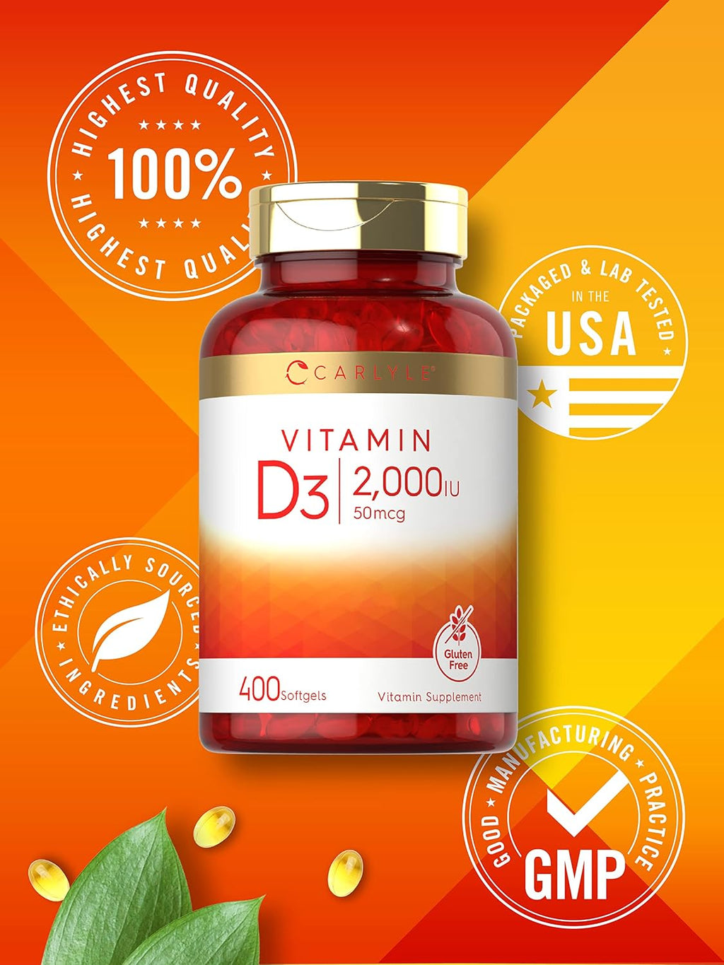 Carlyle Vitamina D3 2000 UI Cápsulas Blandas | 400 Unidades | No-GMO, Sin Gluten | 50 mcg | Suplemento de Vitamina D