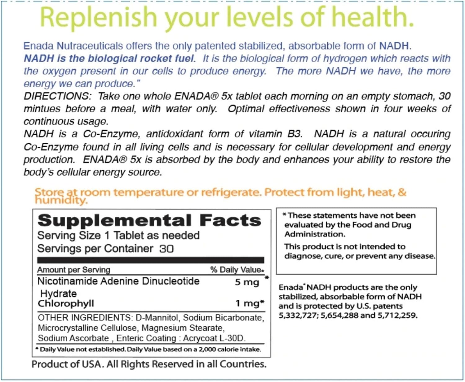 ENADA 5mg NADH con Clorofila, 30 Comprimidos Sublinguales